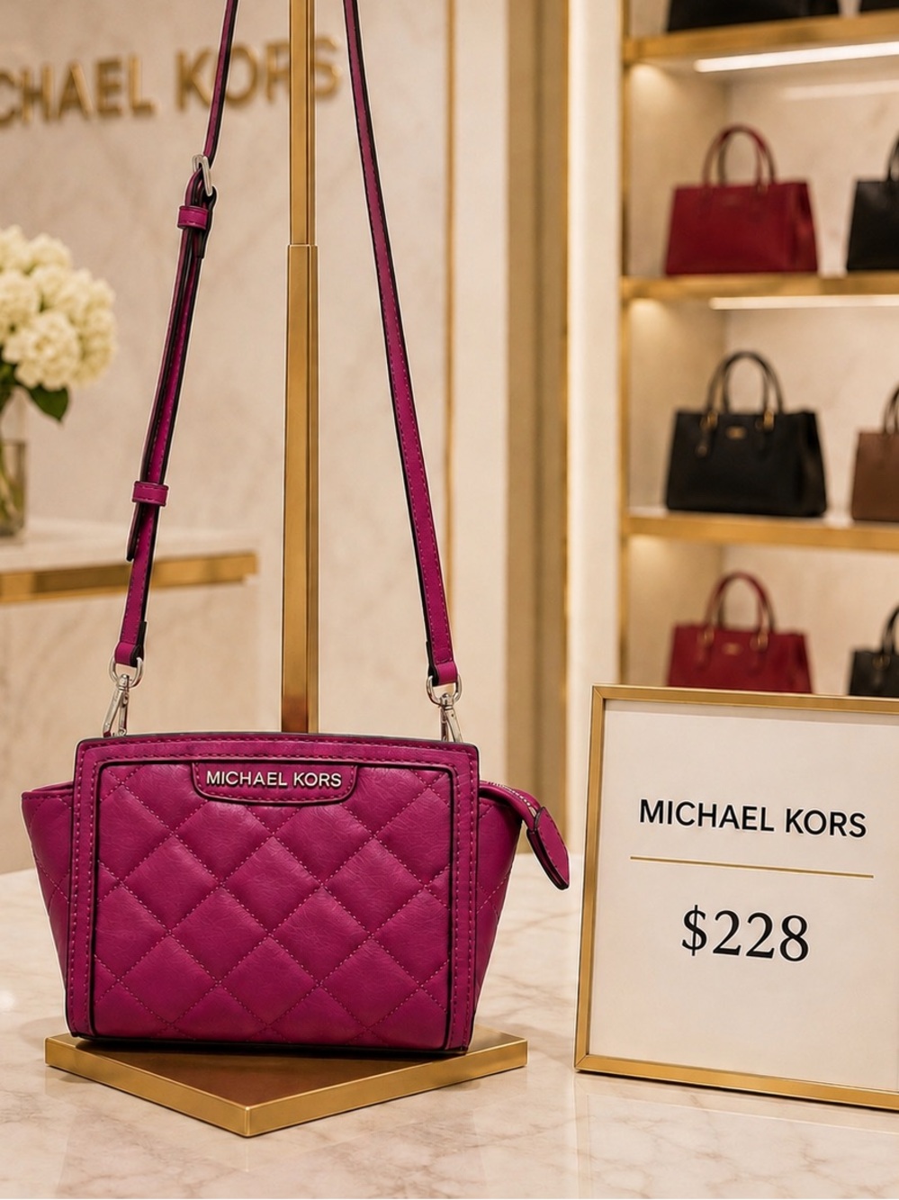 RARE Michael Kors Quilted Leather Mini Small Crossbody Bag Fuchsia Pink Berry